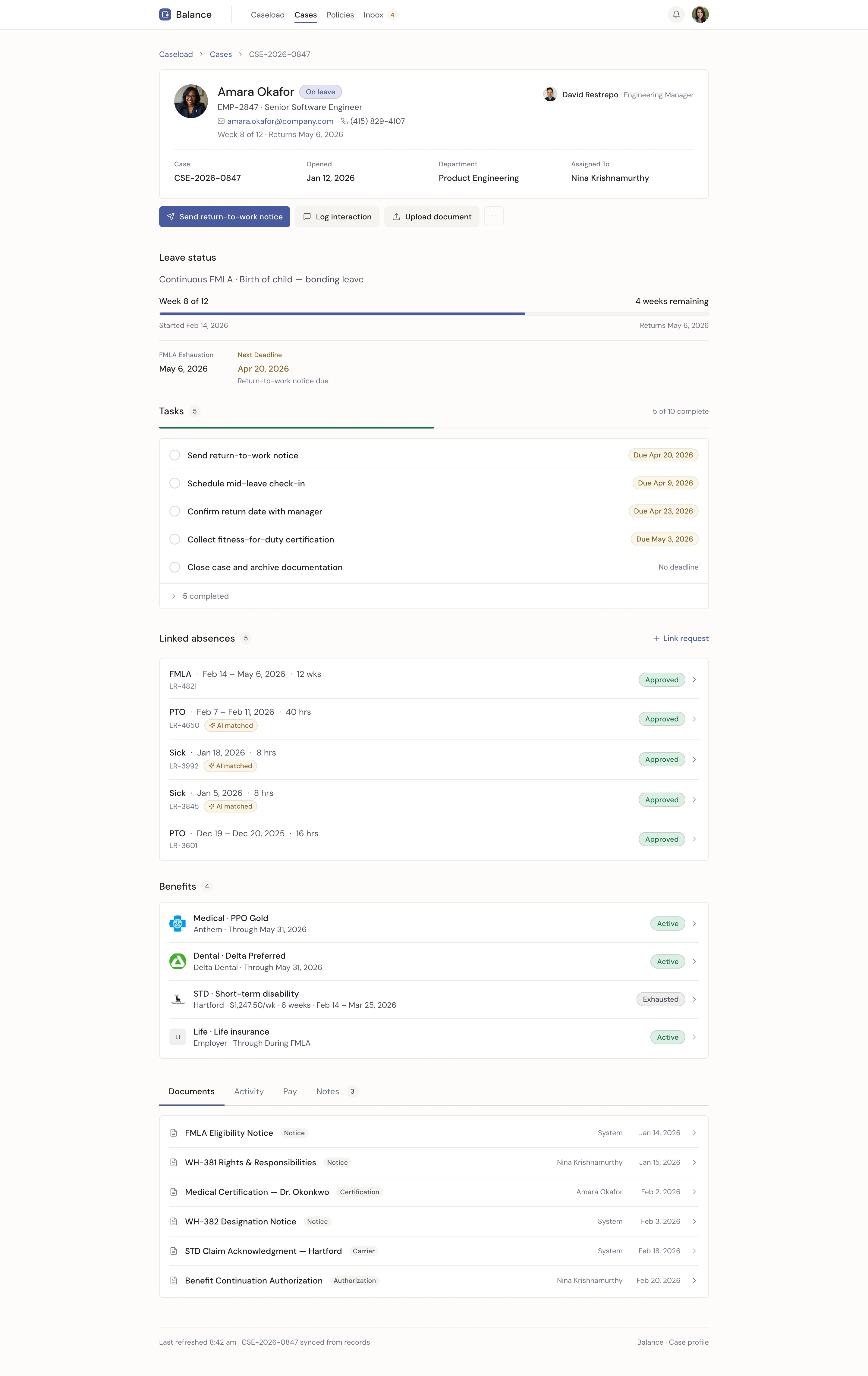 Full case page — header, leave status, tasks, linked absences, benefits, and documents