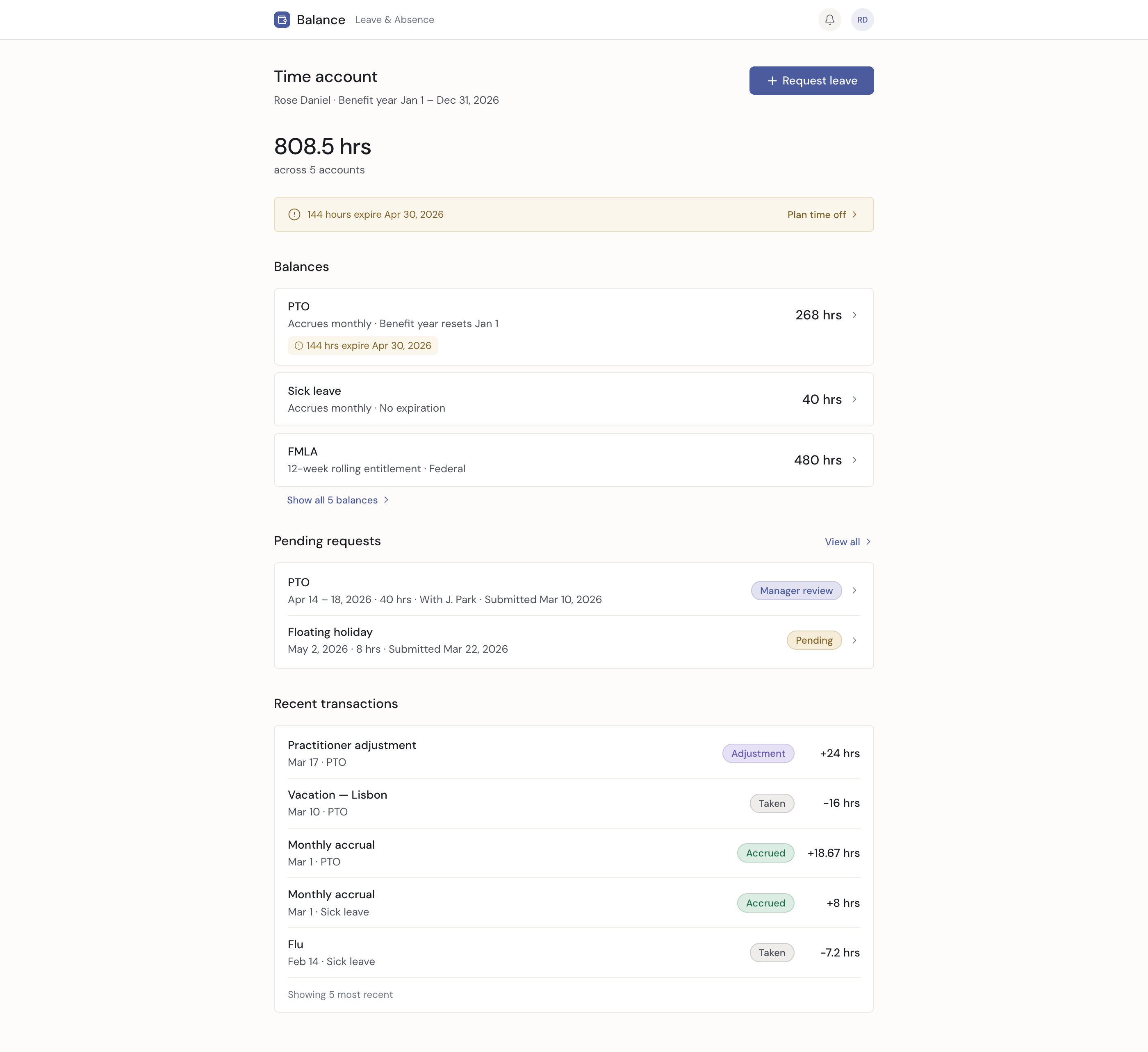 Employee time account showing 808.5 hours across 5 leave accounts