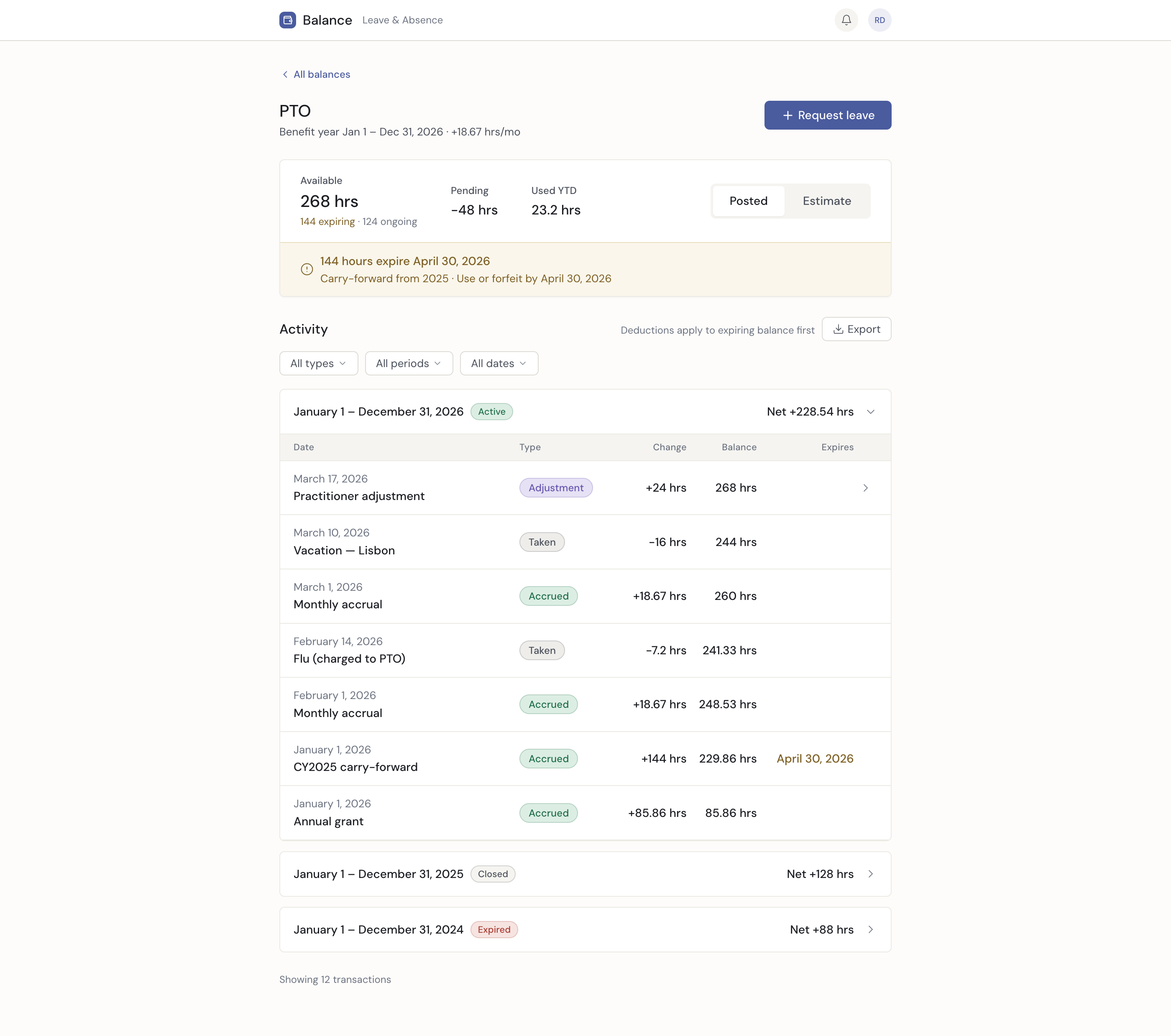 PTO posted ledger showing accruals, adjustments, and usage