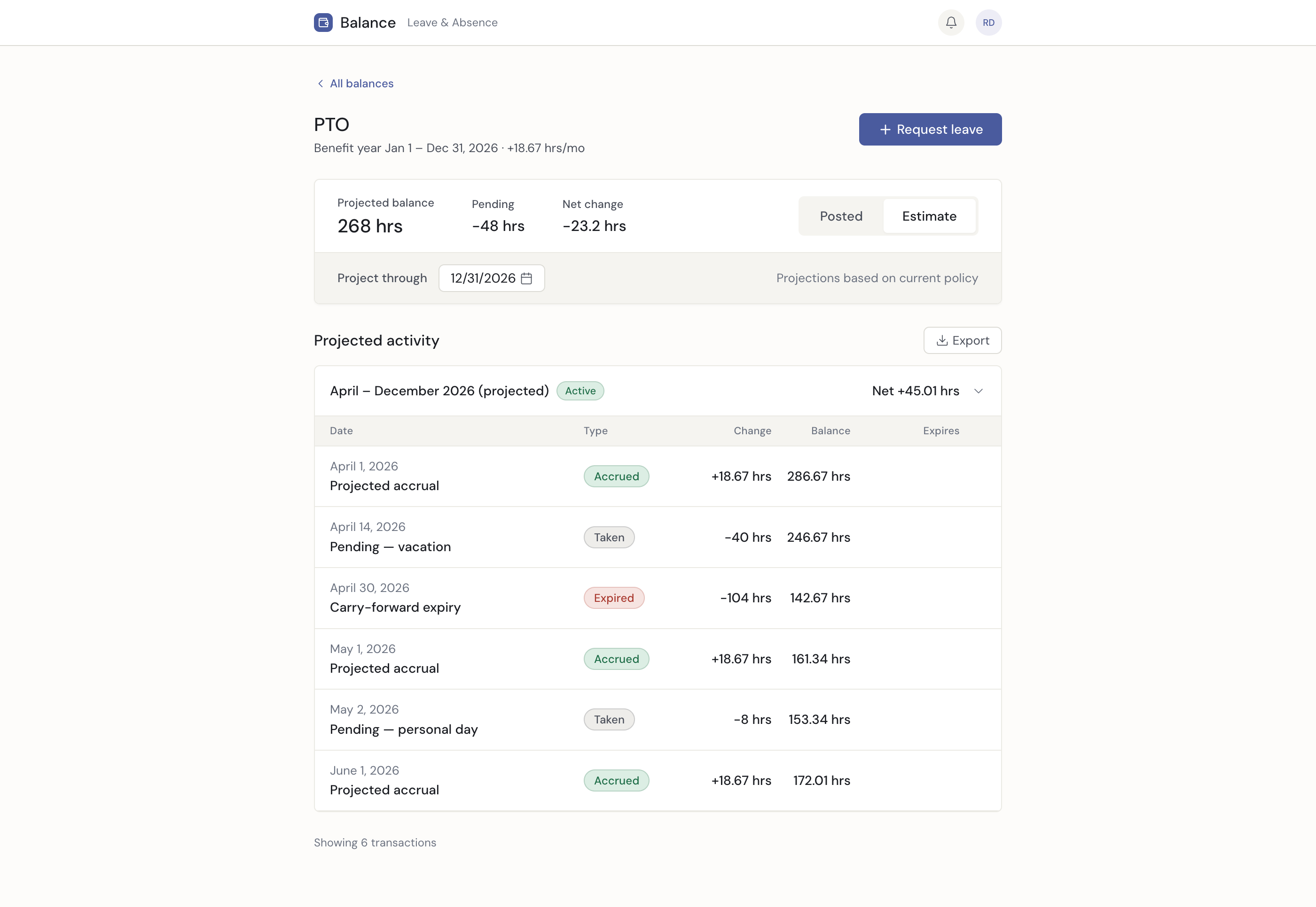 PTO estimate view with projected accruals