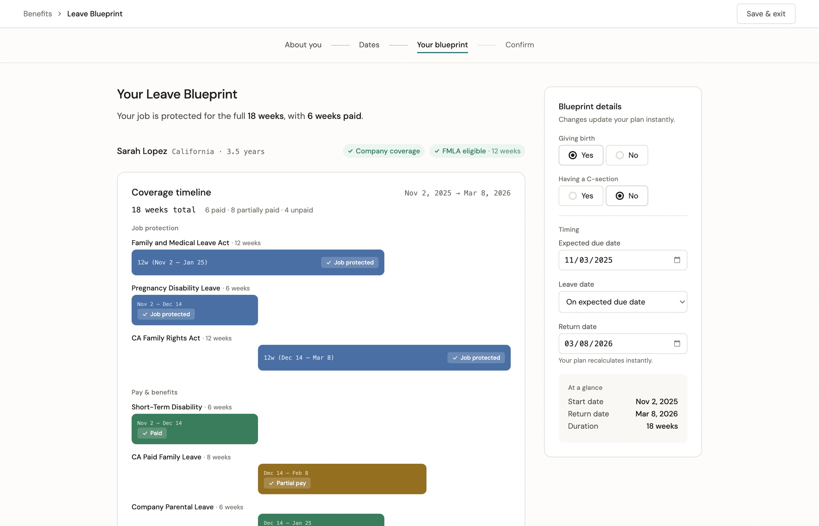 Leave Blueprint — plan with live policy stacking and job-protection timeline